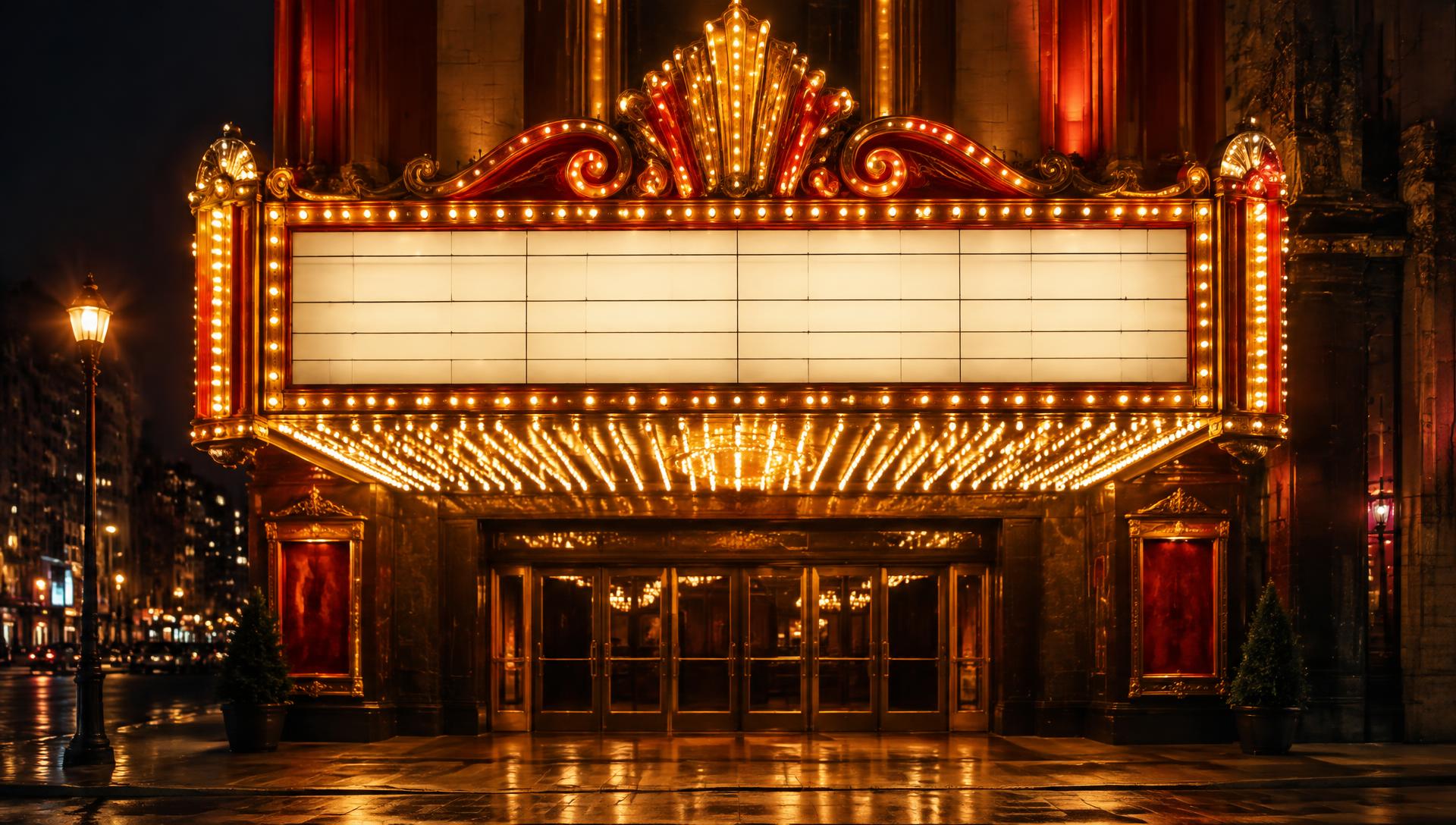Fachada iluminada de cinema à noite