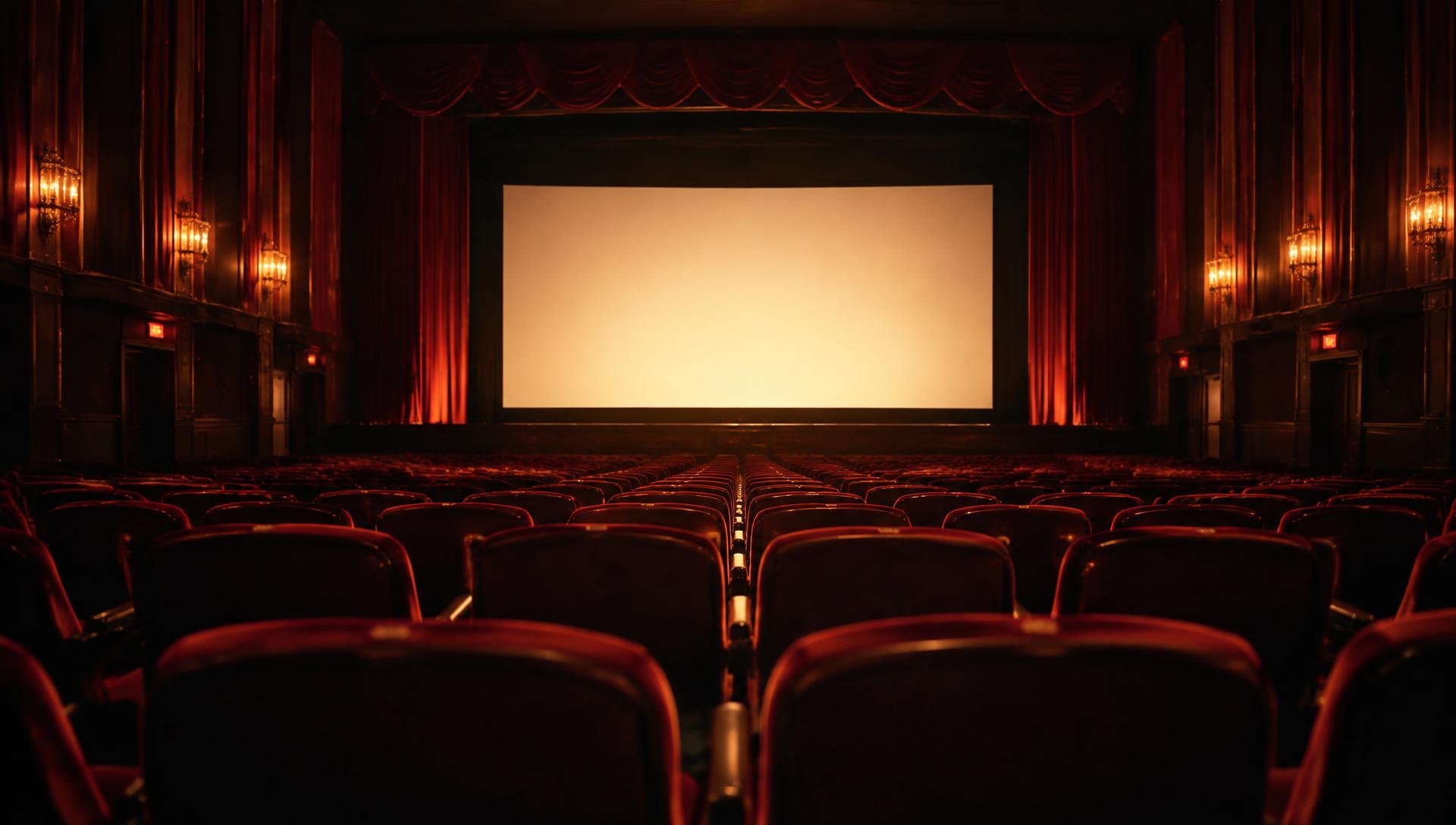 Auditório de cinema clássico com cortinas vermelhas
